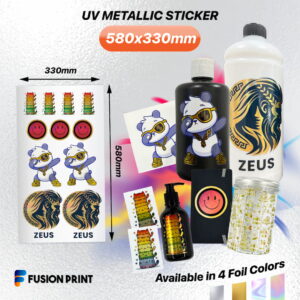 UV Metallic Sticker 580x330mm feature image, available in 4 foil colours.