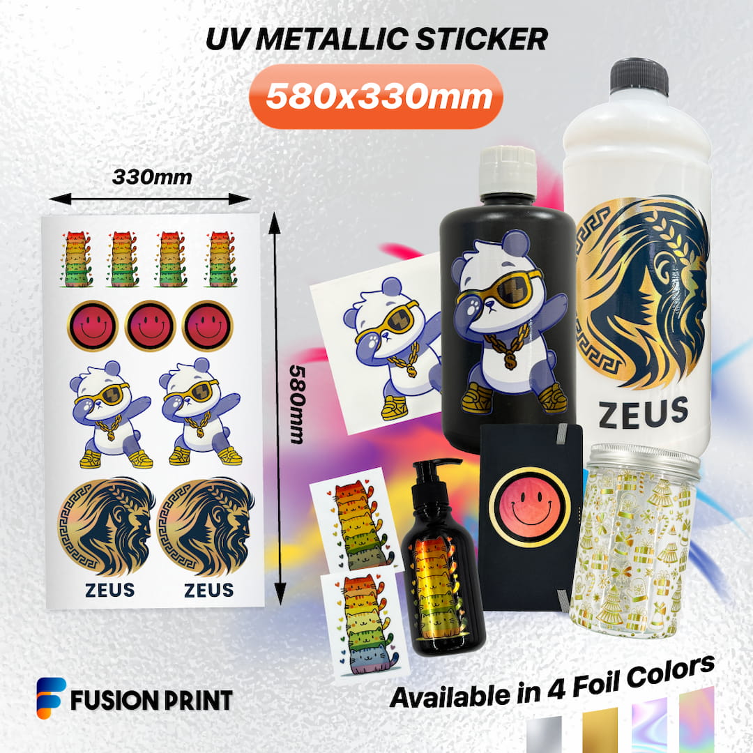 UV Metallic Sticker 580x330mm feature image, available in 4 foil colours.