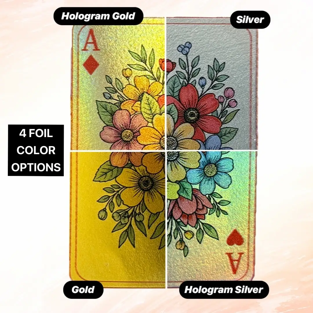 Ace of Diamond card displaying 4 foil colour options, which are Hologram Silver, Silver, Gold, Hologram Gold.