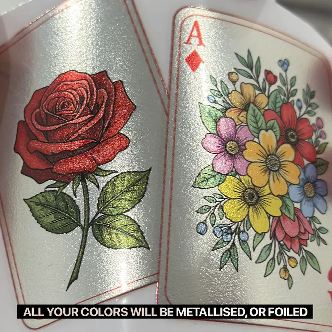 Close-up of rose and colourful flowers on an Ace of Diamonds card-all colours will be metallised or foiled