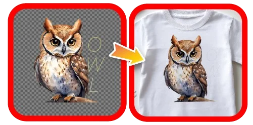 Side-by-side graphic showing an owl illustration with the word "Owl" in fine line on a transparent background (left), and the same owl printed on a white T-shirt (right), but the wording is missing.