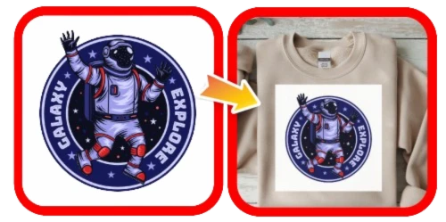 Side-by-side image showing an astronaut graphic with the words “Galaxy Explorer” on a white background (left) and the same design printed with a visible white box on a beige sweatshirt (right), with an arrow indicating the transfer and highlighting poor transparency in the final print.
